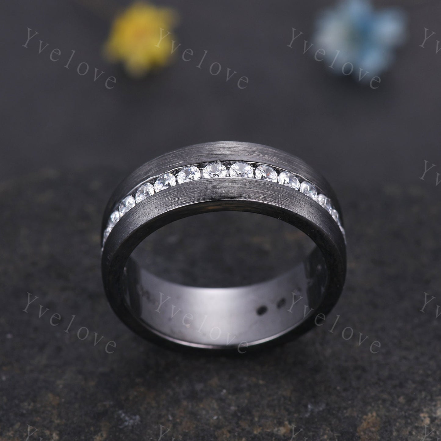 Mens Diamond Wedding Ring Moissanite Black Gold Ring Brushed Band 3/4 Eternity Band Mens Stacking Matching Band Retro Vintage Ring For Him