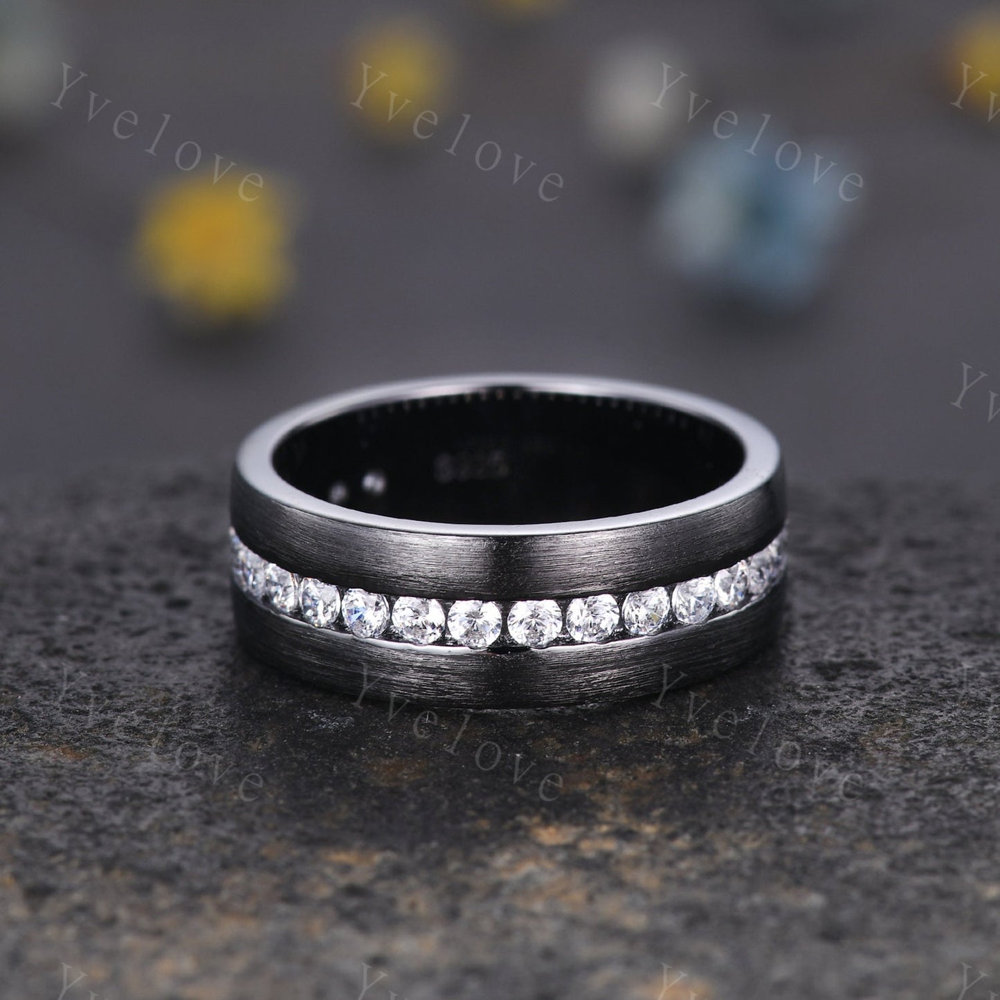 Mens Diamond Wedding Ring Moissanite Black Gold Ring Brushed Band 3/4 Eternity Band Mens Stacking Matching Band Retro Vintage Ring For Him