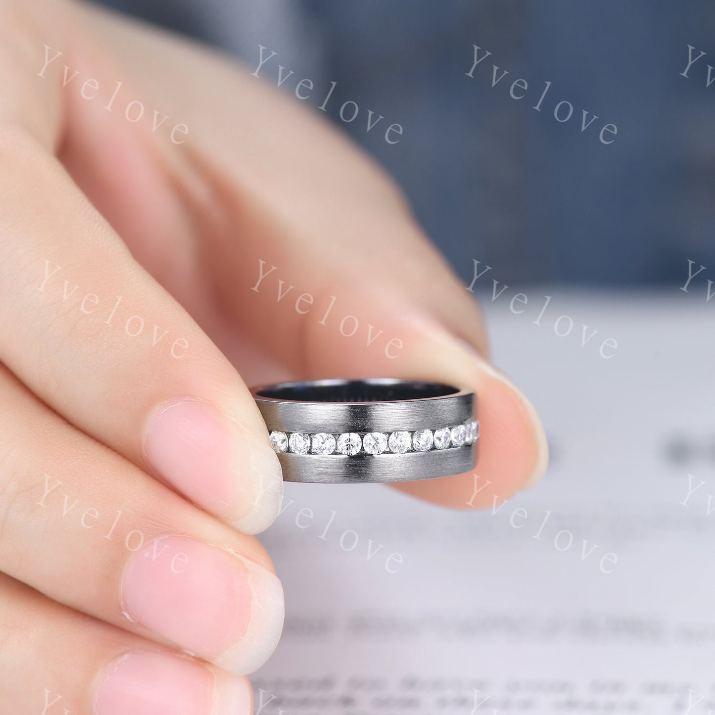 Mens Diamond Wedding Ring Moissanite Black Gold Ring Brushed Band 3/4 Eternity Band Mens Stacking Matching Band Retro Vintage Ring For Him