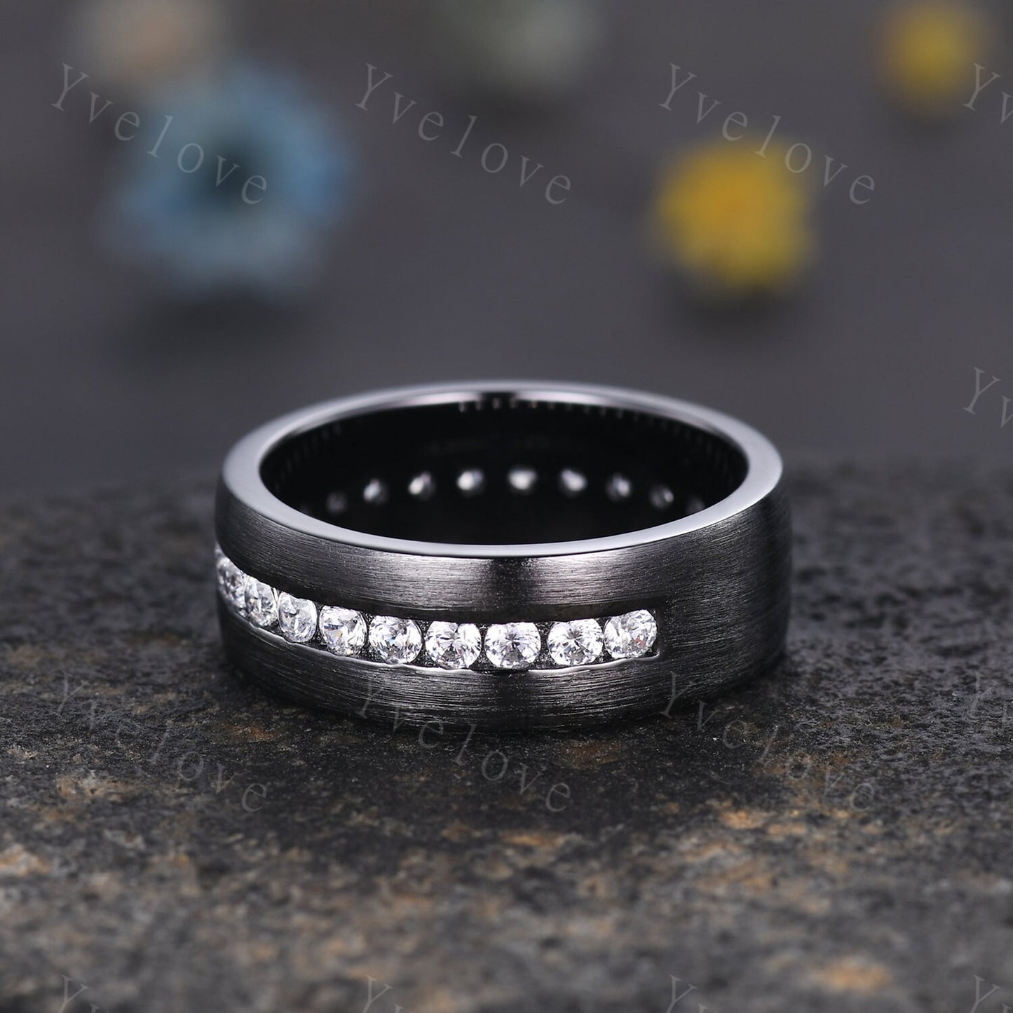 Mens Diamond Wedding Ring Moissanite Black Gold Ring Brushed Band 3/4 Eternity Band Mens Stacking Matching Band Retro Vintage Ring For Him
