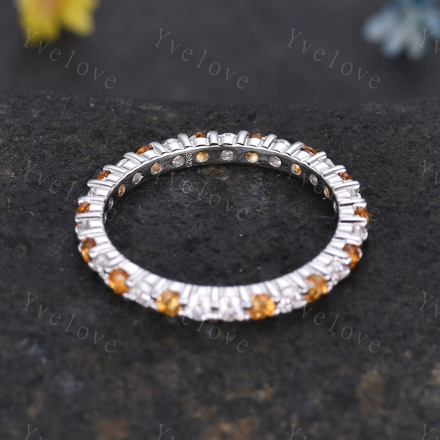 Unique 2mm Yellow Citrine diamond engagement ring eternity wedding band sterling silver diamond matching stacking ring women birthstone gift