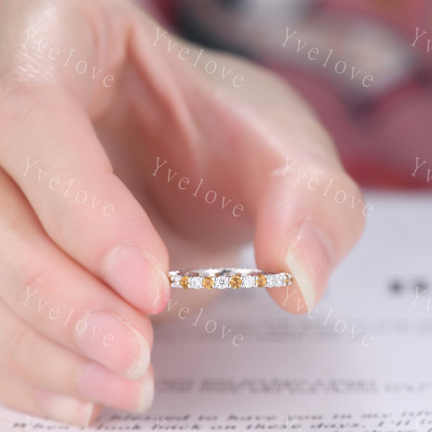 Unique 2mm Yellow Citrine diamond engagement ring eternity wedding band sterling silver diamond matching stacking ring women birthstone gift
