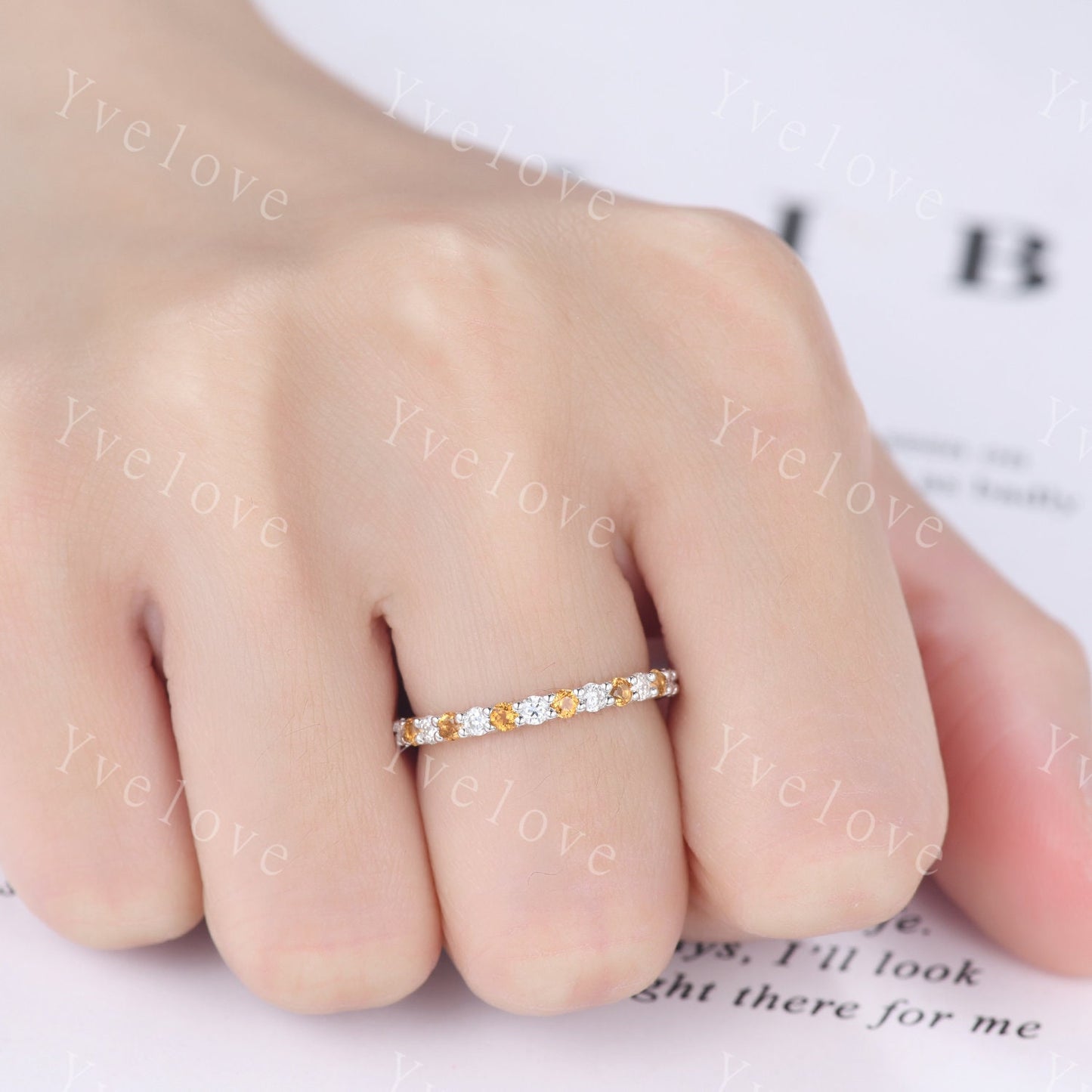 Unique 2mm Yellow Citrine diamond engagement ring eternity wedding band sterling silver diamond matching stacking ring women birthstone gift