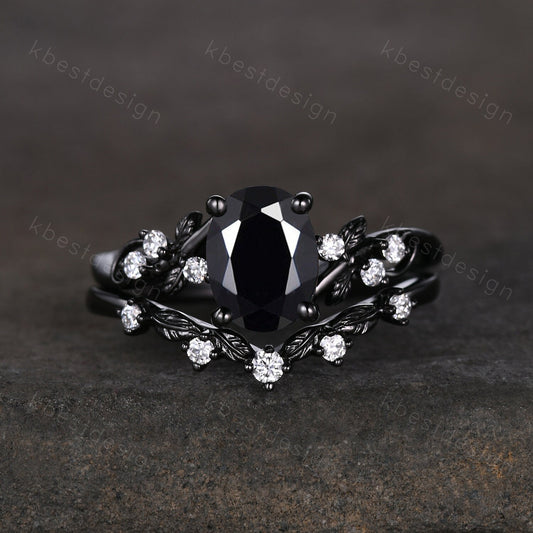 Gothic Black Gold Black Onyx Engagement Ring Set Twig Leaf Nature Inspired Rings Unique Rhodium Black Witchy Ring Oval Cut Bridal Ring Set