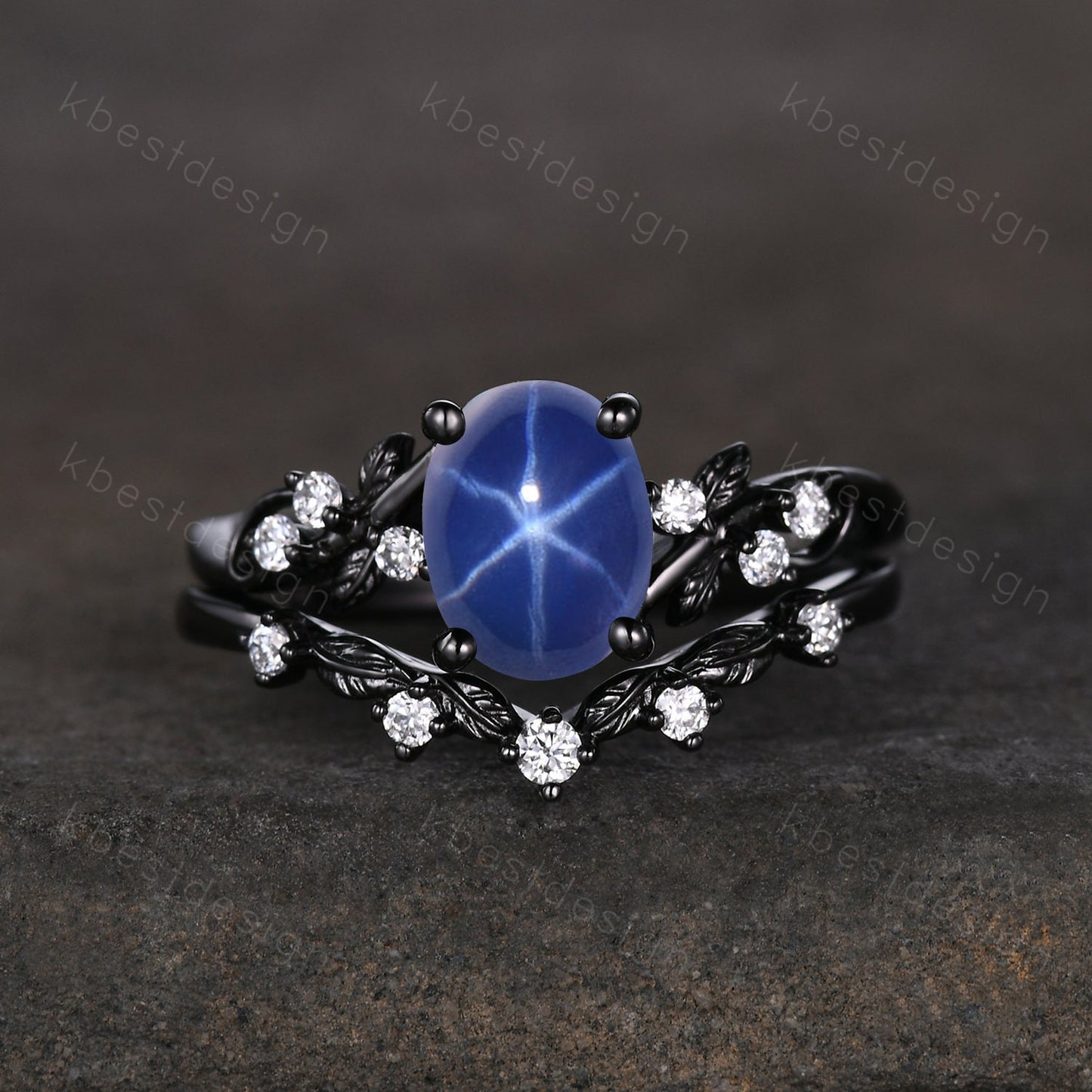 Star Sapphire Engagement Ring Set Oval Cut Galaxy Crystal Engagement Ring Black Gold Leaf Moissanite Ring Unique Promise Ring September Ring