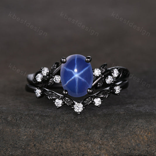 Star Sapphire Engagement Ring Set Oval Cut Galaxy Crystal Engagement Ring Black Gold Leaf Moissanite Ring Unique Promise Ring September Ring