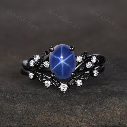 Star Sapphire Engagement Ring Set Oval Cut Galaxy Crystal Engagement Ring Black Gold Leaf Moissanite Ring Unique Promise Ring September Ring