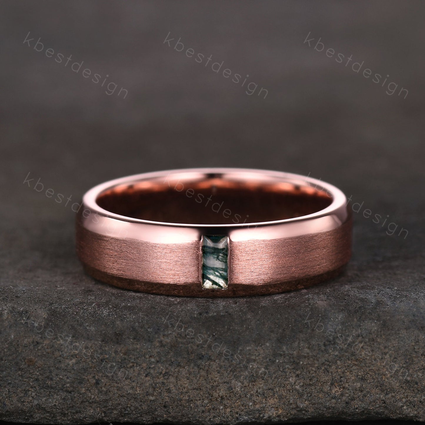 Mens Green Moss Agate Wedding Band, Bauette cut Bar Setting Green Moss Agate Mens Wedding Band, Solid Gold 10k/14k/18k Wedding Ring