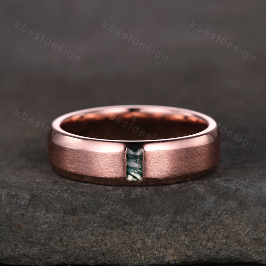 Mens Green Moss Agate Wedding Band, Bauette cut Bar Setting Green Moss Agate Mens Wedding Band, Solid Gold 10k/14k/18k Wedding Ring