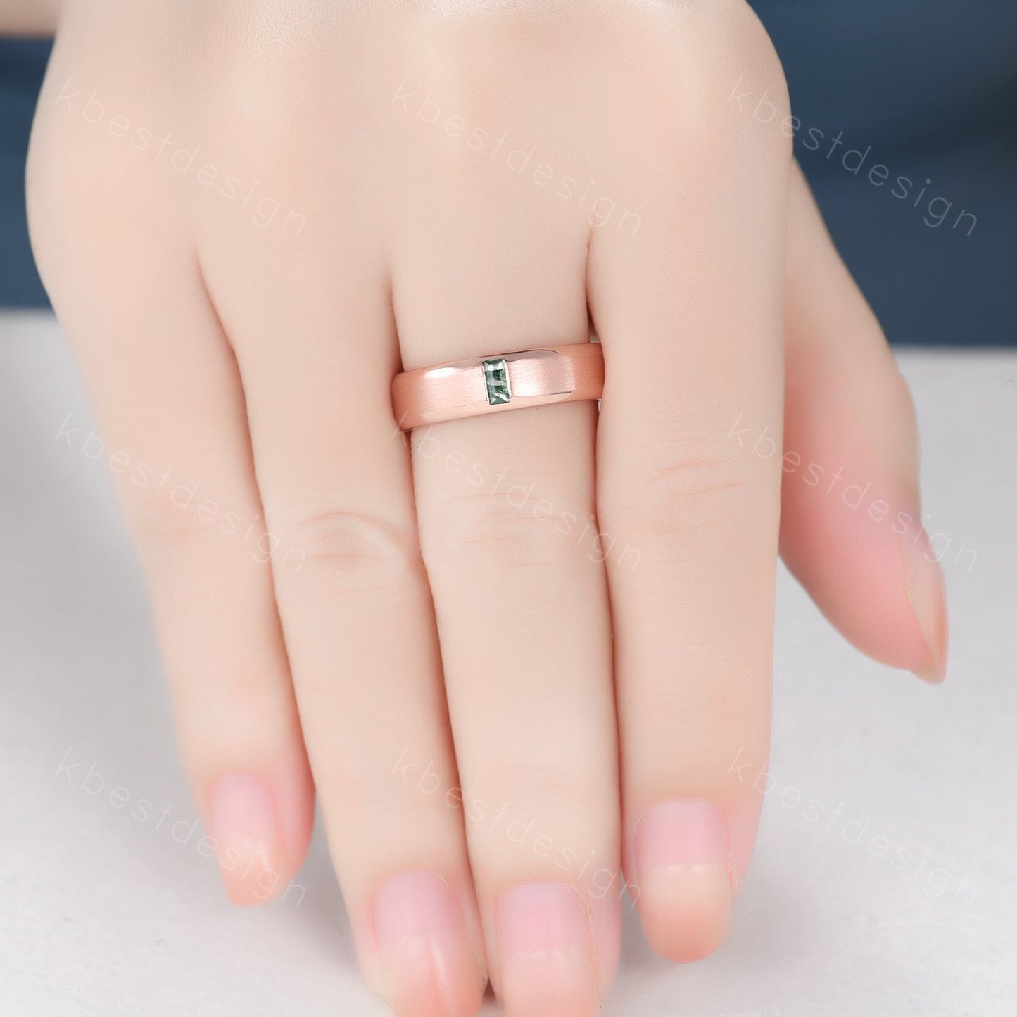 Mens Moss Agate Wedding Band Unique Baguette cut Green Moss Agate Wedding Ring For Men Brushed Finish Band Ring Promise Gift For Husband