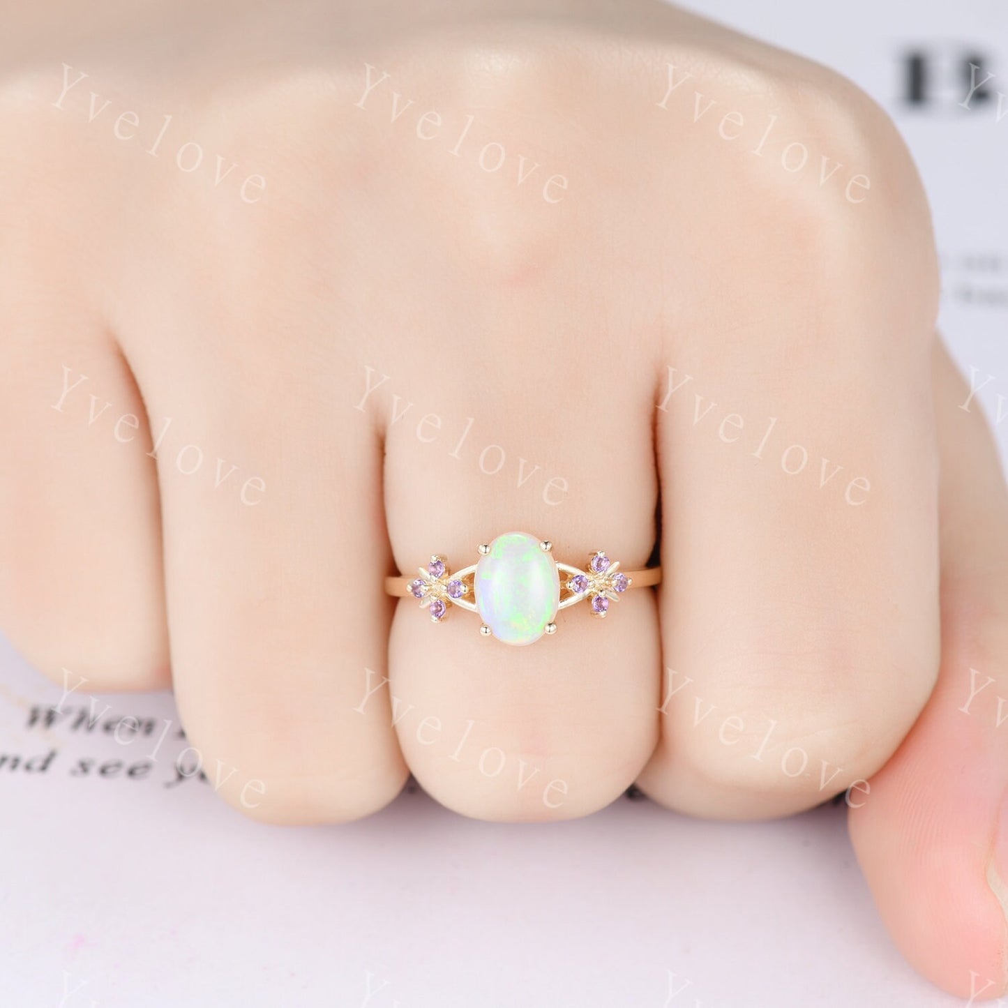 Art Deco Natural Oval Opal Engagement Ring,White Fire Opal Ring,Amethyst Wedding Band,Cluster Ring,Gold Ring,October birthstone Ring Gift