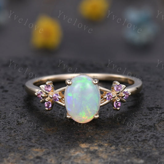 Art Deco Natural Oval Opal Engagement Ring,White Fire Opal Ring,Amethyst Wedding Band,Cluster Ring,Gold Ring,October birthstone Ring Gift