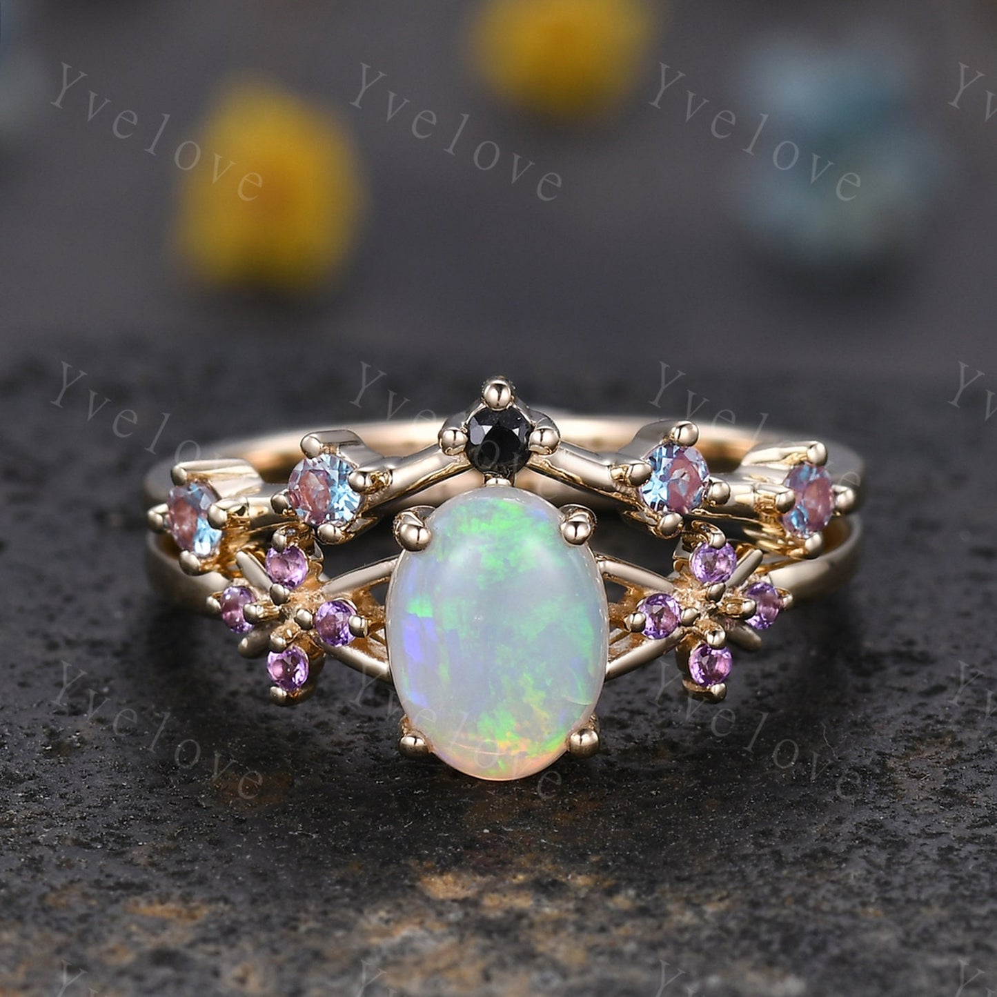 Art Deco Natural Oval Opal Engagement Ring,White Fire Opal Ring,Amethyst Wedding Band,Cluster Ring,Gold Ring,October birthstone Ring Gift