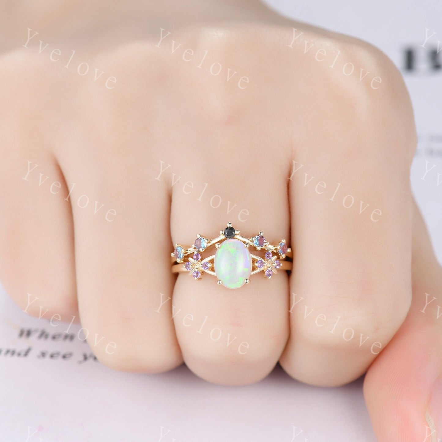 Art Deco Natural Oval Opal Engagement Ring,White Fire Opal Ring,Amethyst Wedding Band,Cluster Ring,Gold Ring,October birthstone Ring Gift