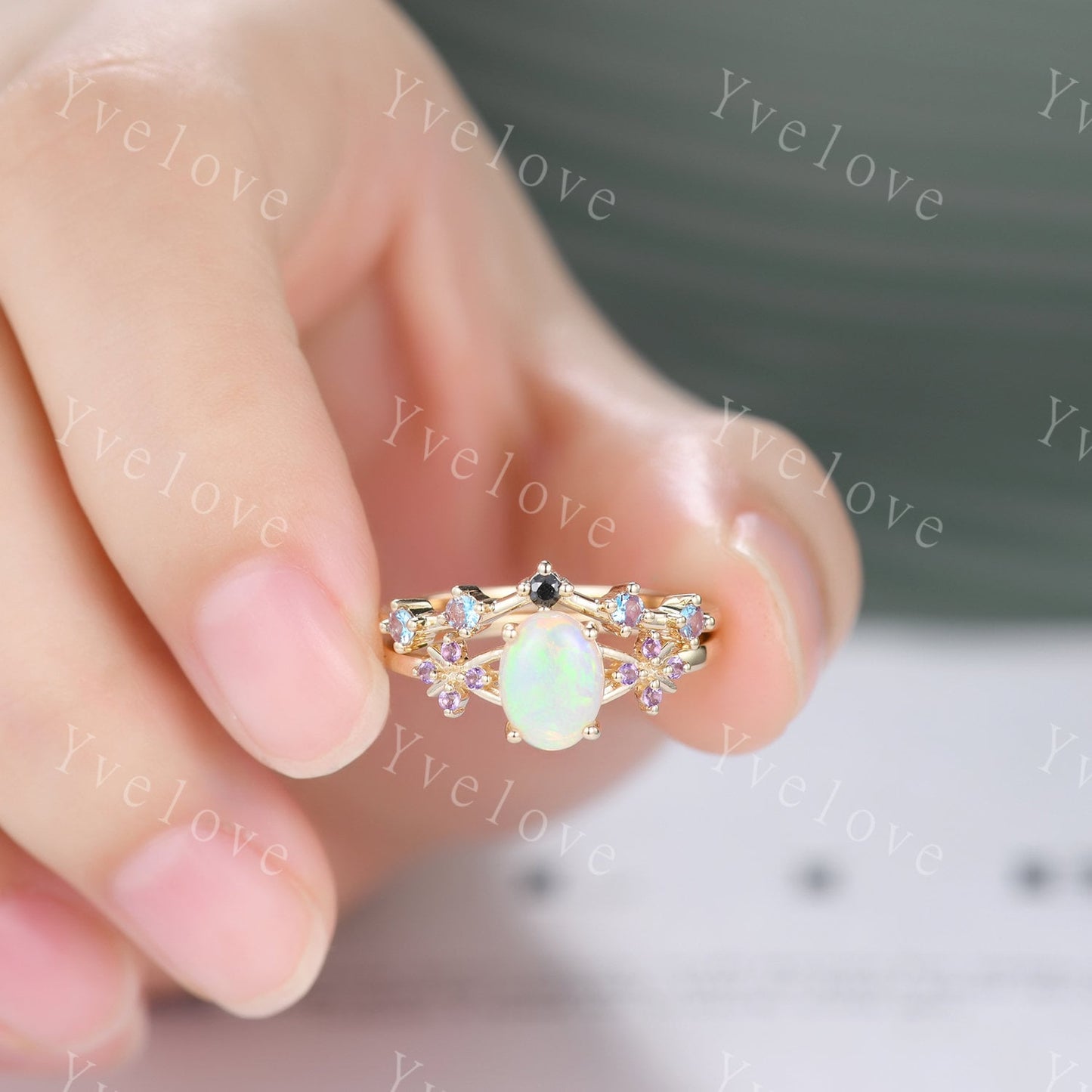 Natural Oval Opal Engagement Ring,White Fire Opal Bridal Set,Amethyst Alexandrite Stacking Band,Cluster Women 14K Gold Ring,Handmade Gift