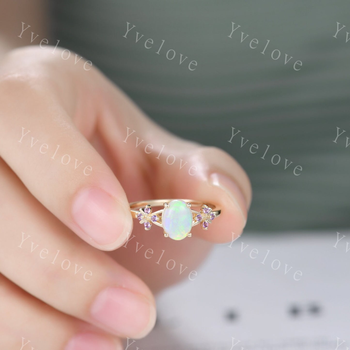 Art Deco Natural Oval Opal Engagement Ring,White Fire Opal Ring,Amethyst Wedding Band,Cluster Ring,Gold Ring,October birthstone Ring Gift