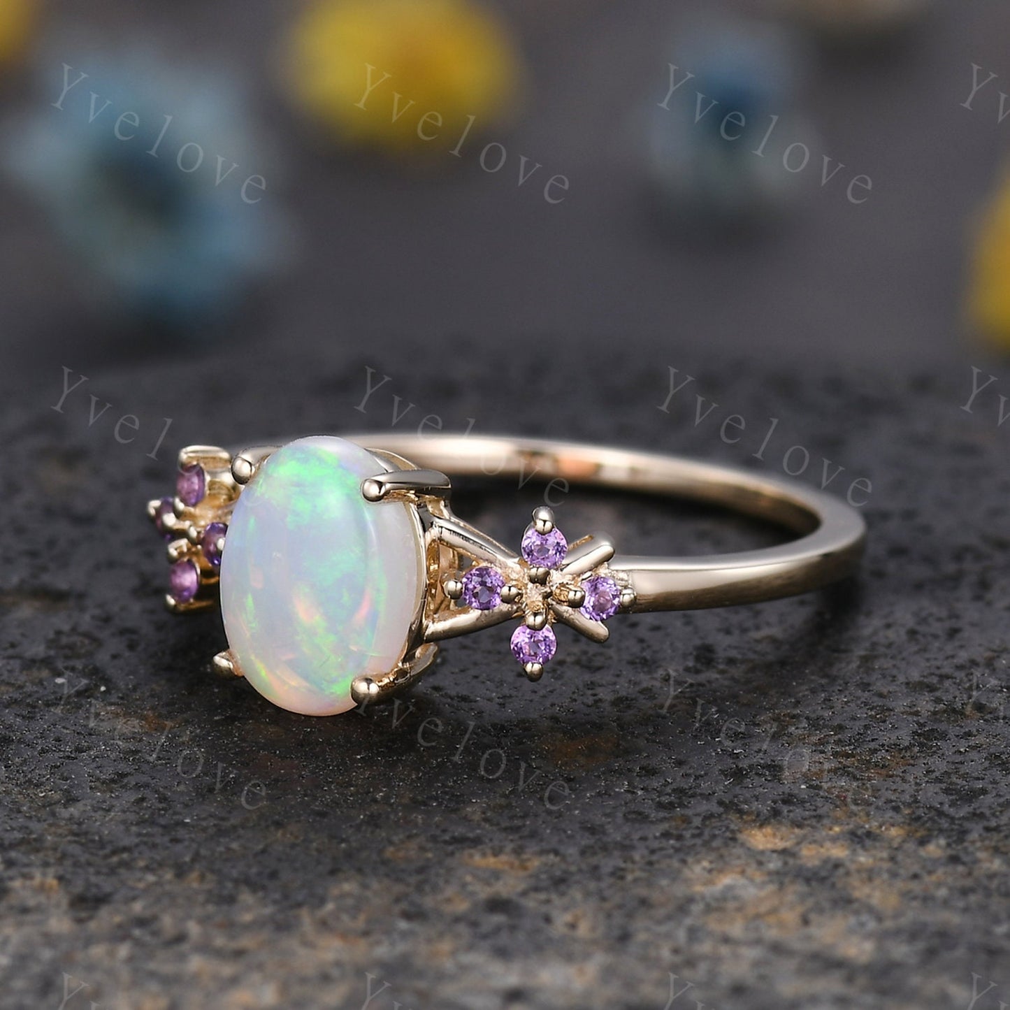 Art Deco Natural Oval Opal Engagement Ring,White Fire Opal Ring,Amethyst Wedding Band,Cluster Ring,Gold Ring,October birthstone Ring Gift