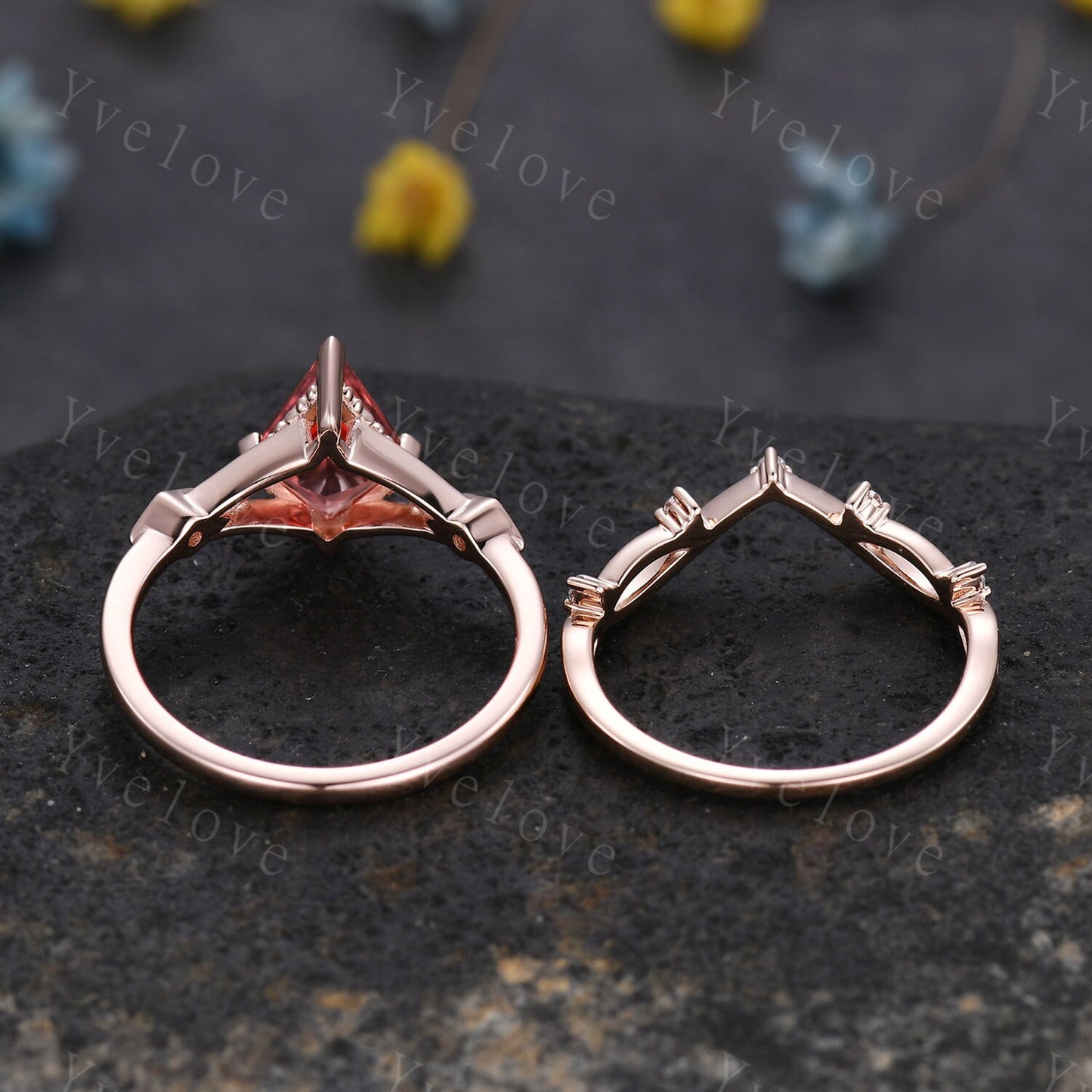 Art Deco Padparadscha Sapphire Ring,Vintage Bridal Set,Unique Kite Shaped Sapphire Engagement Ring Promise Ring,Anniversary Gift For Her