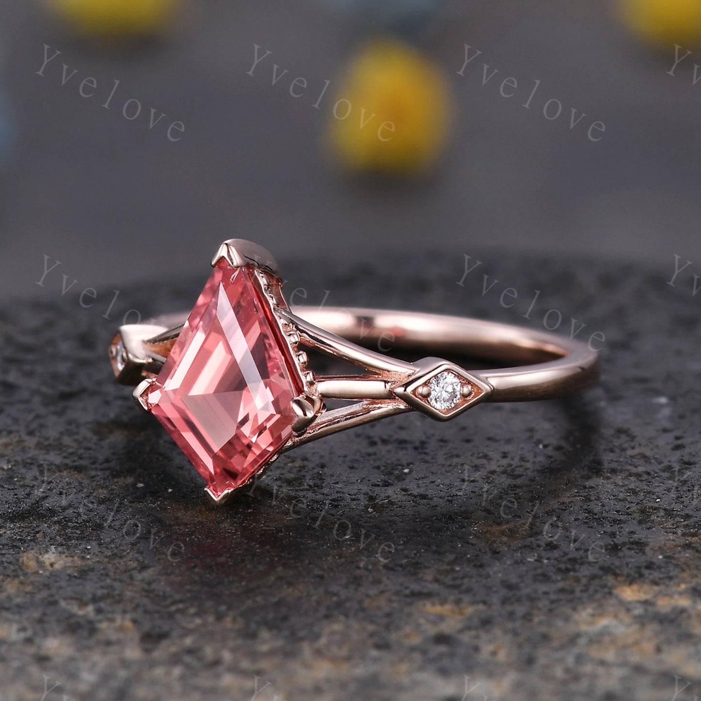 Art Deco Padparadscha Sapphire Ring,Vintage Bridal Ring,Unique Kite Shaped Sapphire Engagement Ring Promise Ring,Anniversary Gift For Her
