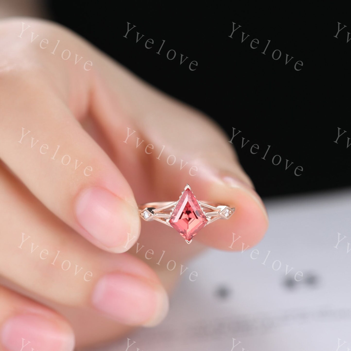 Vintage Kite Padparadscha Sapphire engagement ring set,art deco diamond women ring,Rose gold promise ring anniversary gift bridal ring