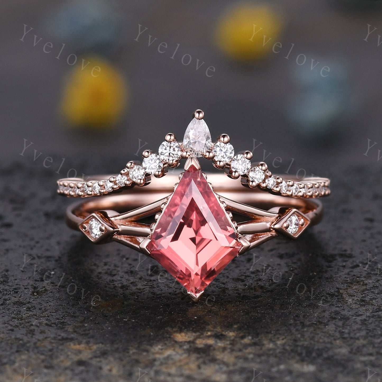 Vintage Kite Padparadscha Sapphire engagement ring set,art deco diamond women ring,Rose gold promise ring anniversary gift bridal ring