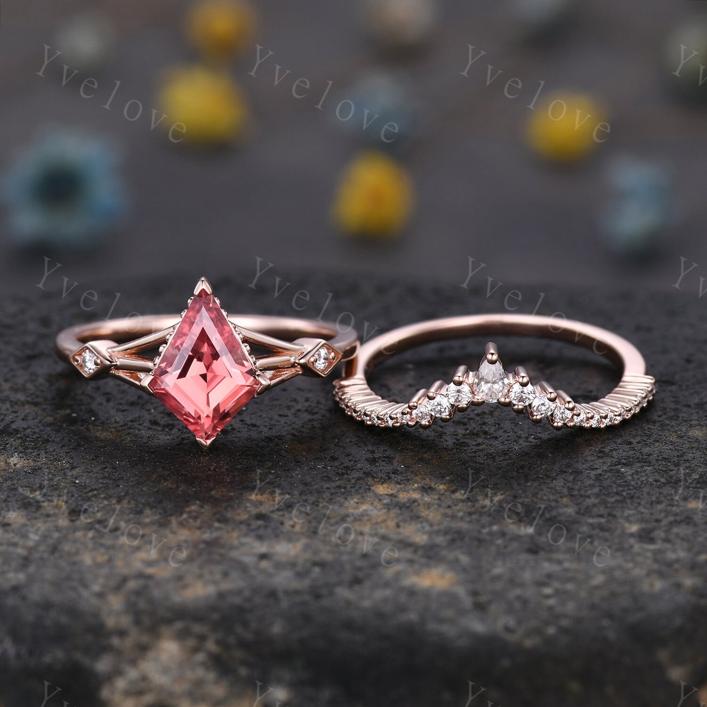 Vintage Kite Padparadscha Sapphire engagement ring set,art deco diamond women ring,Rose gold promise ring anniversary gift bridal ring