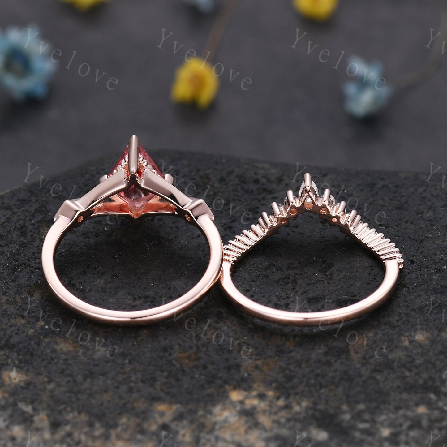 Vintage Kite Padparadscha Sapphire engagement ring set,art deco diamond women ring,Rose gold promise ring anniversary gift bridal ring