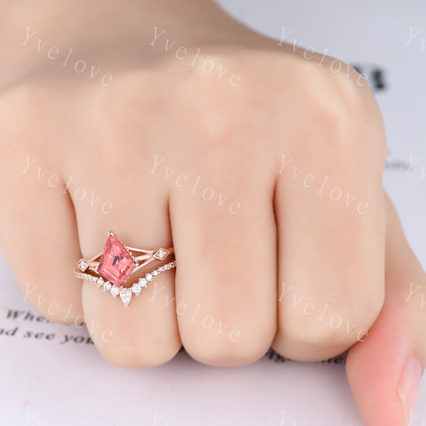 Vintage Kite Padparadscha Sapphire engagement ring set,art deco diamond women ring,Rose gold promise ring anniversary gift bridal ring