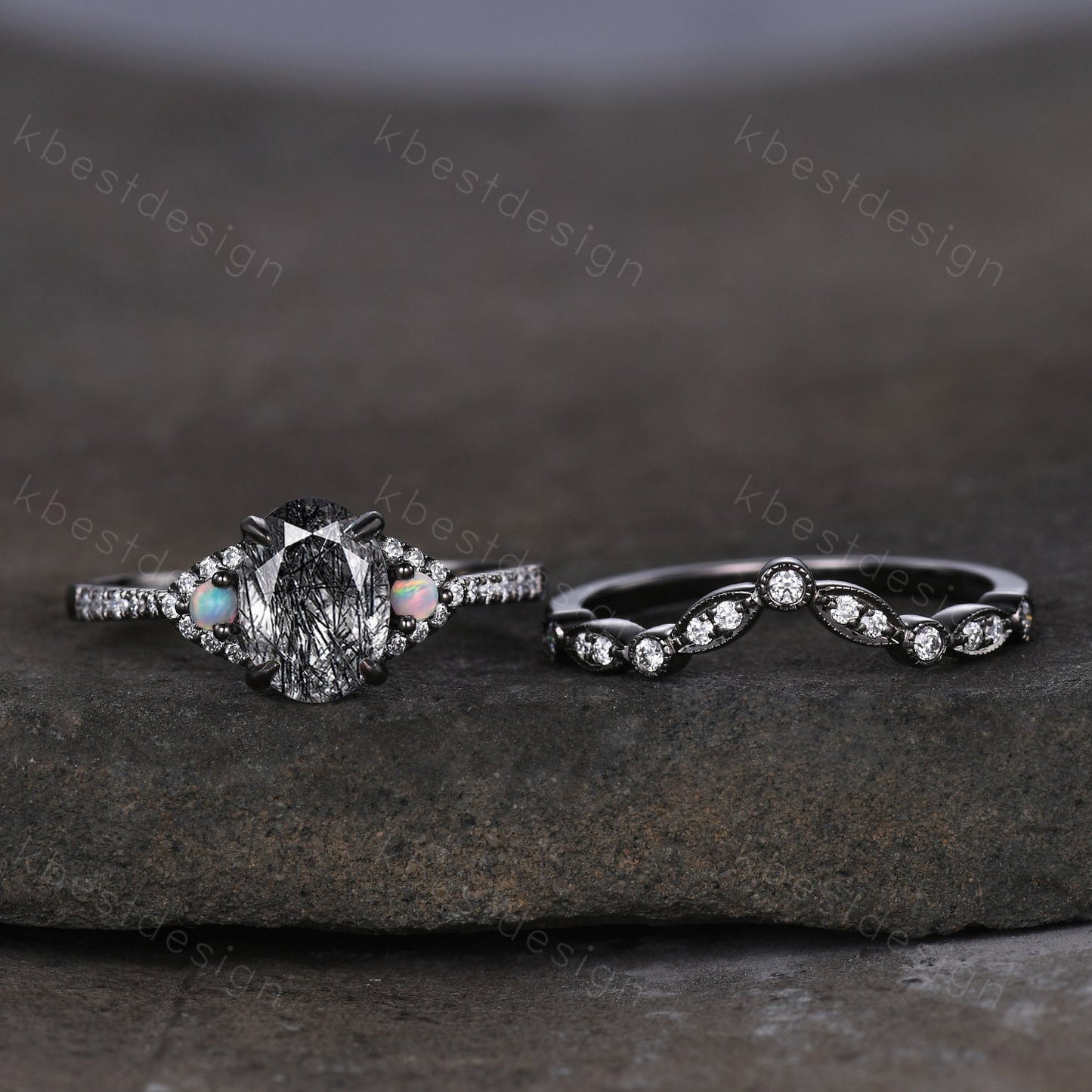 Oval cut Black Rutilated Quartz Engagement Ring Set Vintage Rhodium Black Gold Ring Art Deco Curved Stacking Band Unique Moissanite Ring Set