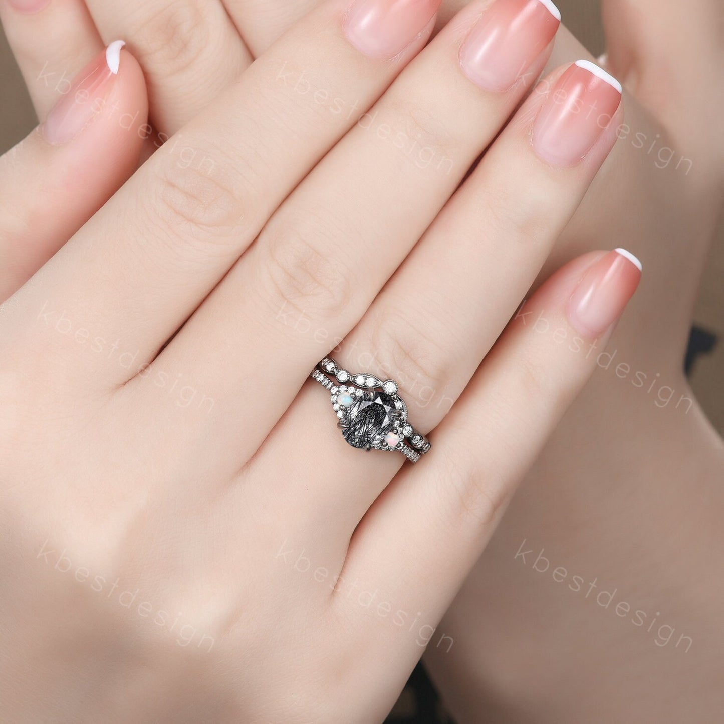 Oval cut Black Rutilated Quartz Engagement Ring Set Vintage Rhodium Black Gold Ring Art Deco Curved Stacking Band Unique Moissanite Ring Set