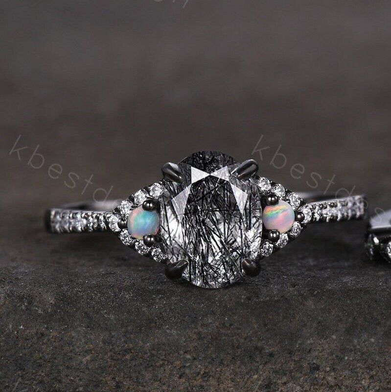 Oval cut Black Rutilated Quartz Engagement Ring Set Vintage Rhodium Black Gold Ring Art Deco Curved Stacking Band Unique Moissanite Ring Set