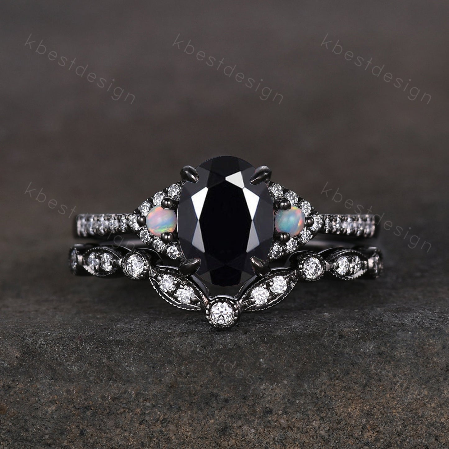 Vintage oval cut black onyx engagement ring unique rhodium black gold moissanite wedding ring set art deco bridal promise ring
