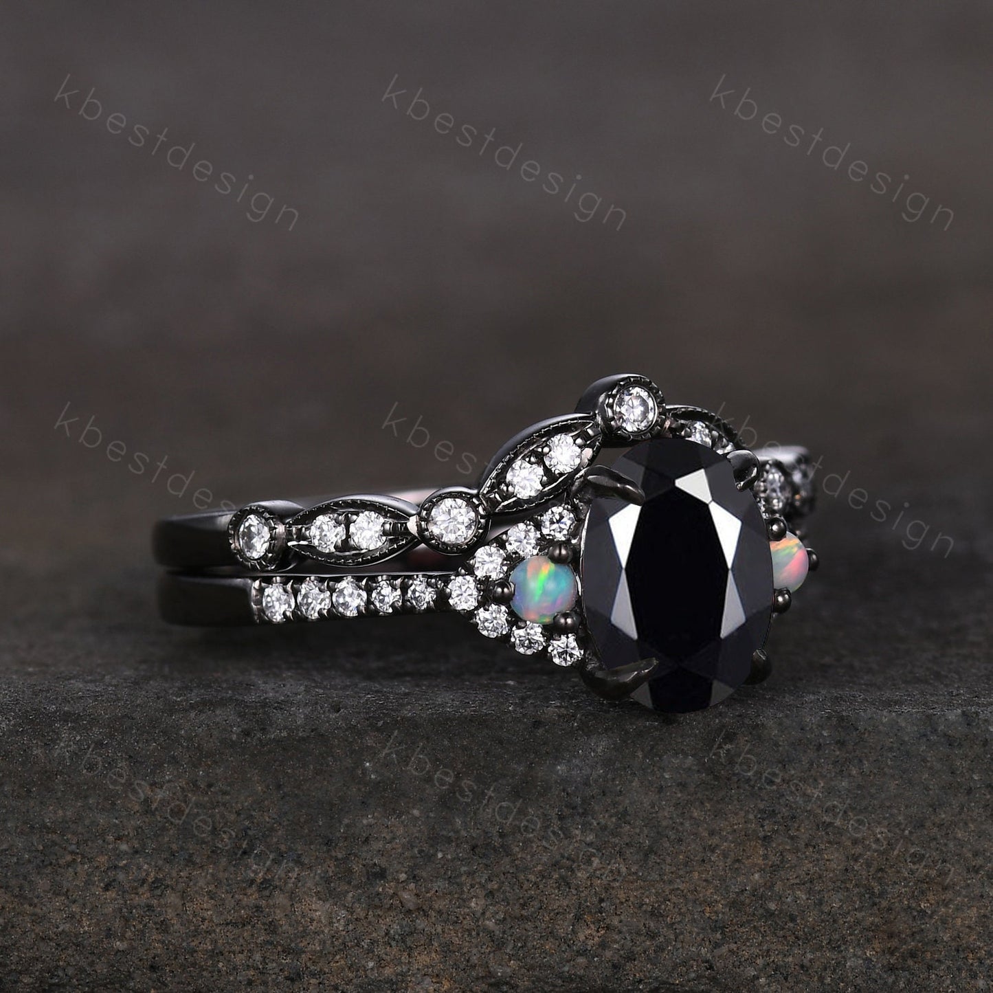 Vintage oval cut black onyx engagement ring unique rhodium black gold moissanite wedding ring set art deco bridal promise ring