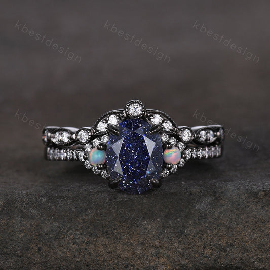 Vintage Blue Sandstone Engagement Ring set Unique Black Gold Oval cut Bridal set Art deco wedding band moissanite promise anniversary rings
