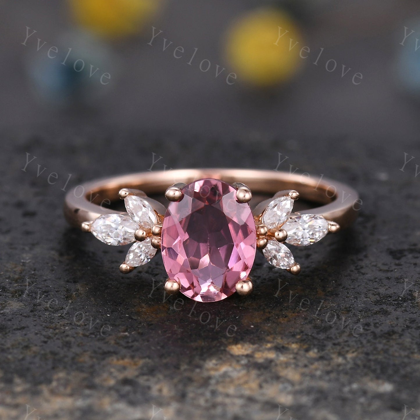 Natural Pink Tourmaline Engagement Ring,14k Rose Gold Marquise Moissanite Band,October Birthstone Ring,Art Deco Promise Anniversary Gift