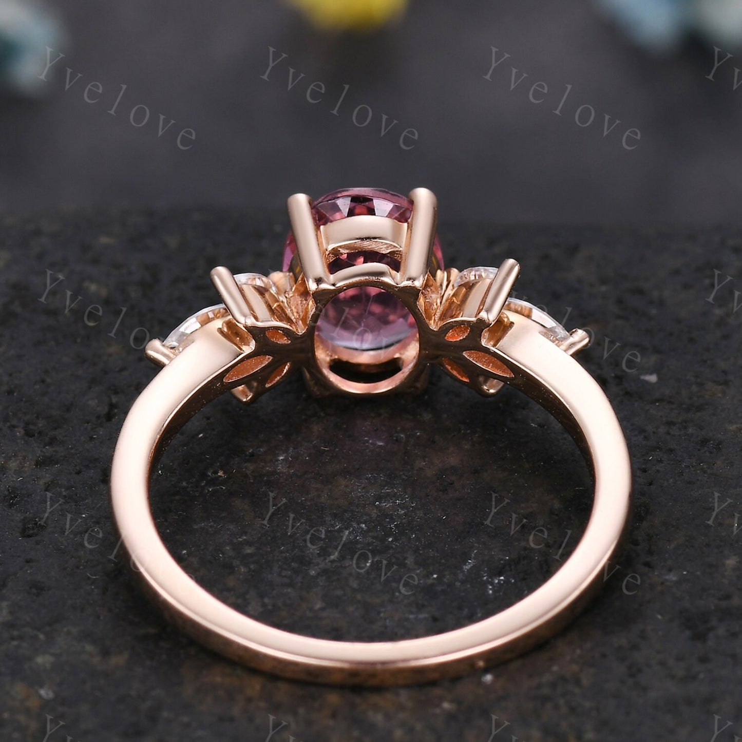 Natural Pink Tourmaline Engagement Ring,14k Rose Gold Marquise Moissanite Band,October Birthstone Ring,Art Deco Promise Anniversary Gift