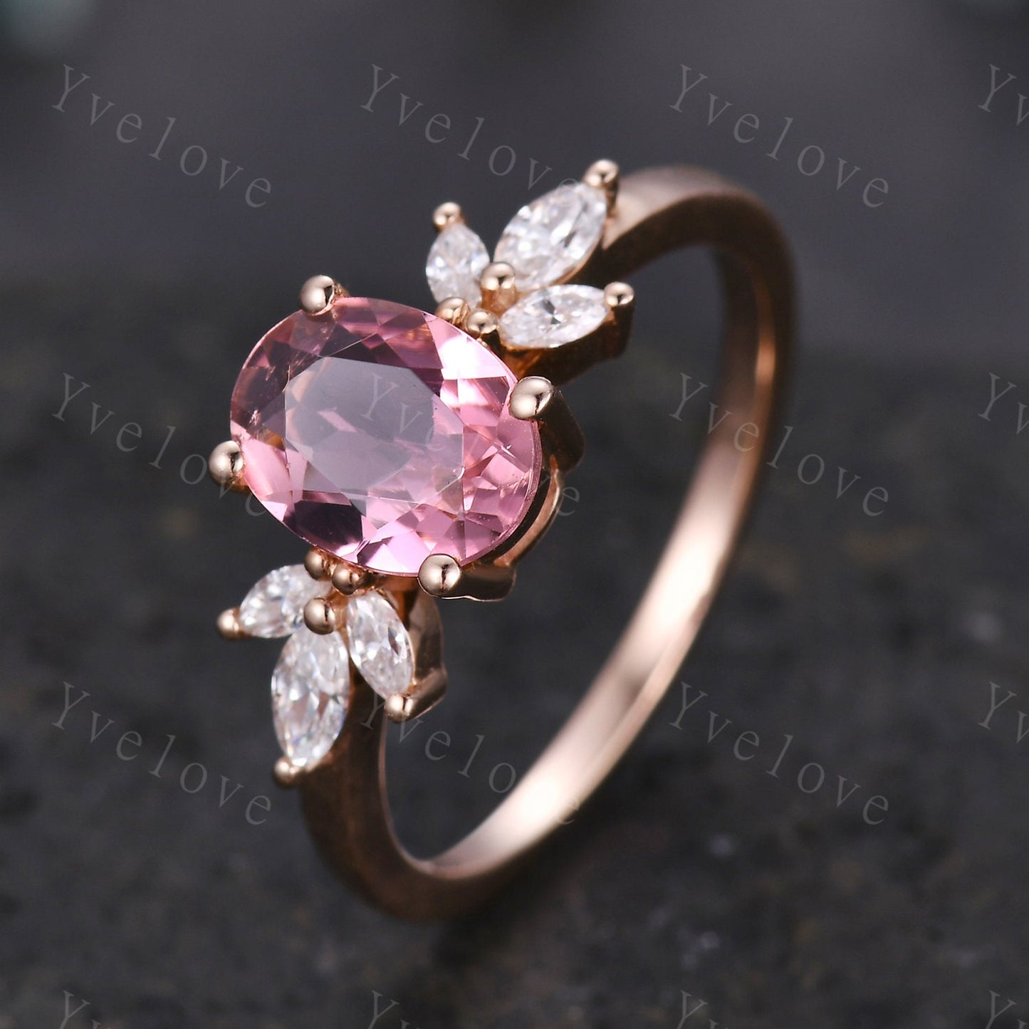 Natural Pink Tourmaline Engagement Ring,14k Rose Gold Marquise Moissanite Band,October Birthstone Ring,Art Deco Promise Anniversary Gift