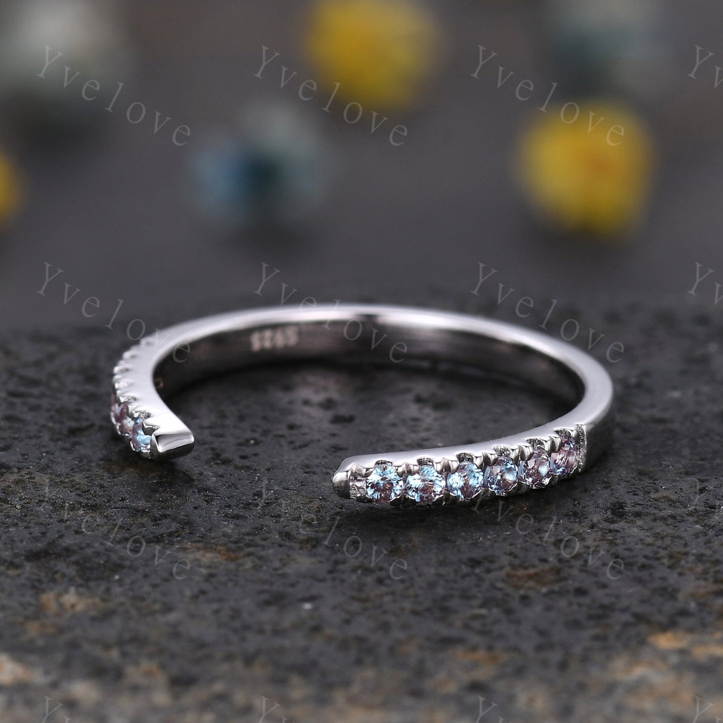 Unique Alexandrite Open Gap Ring,Open End Claw Wedding Band 14K White Gold Alexandrite Wedding Band Stackable Band Matching Ring for Her