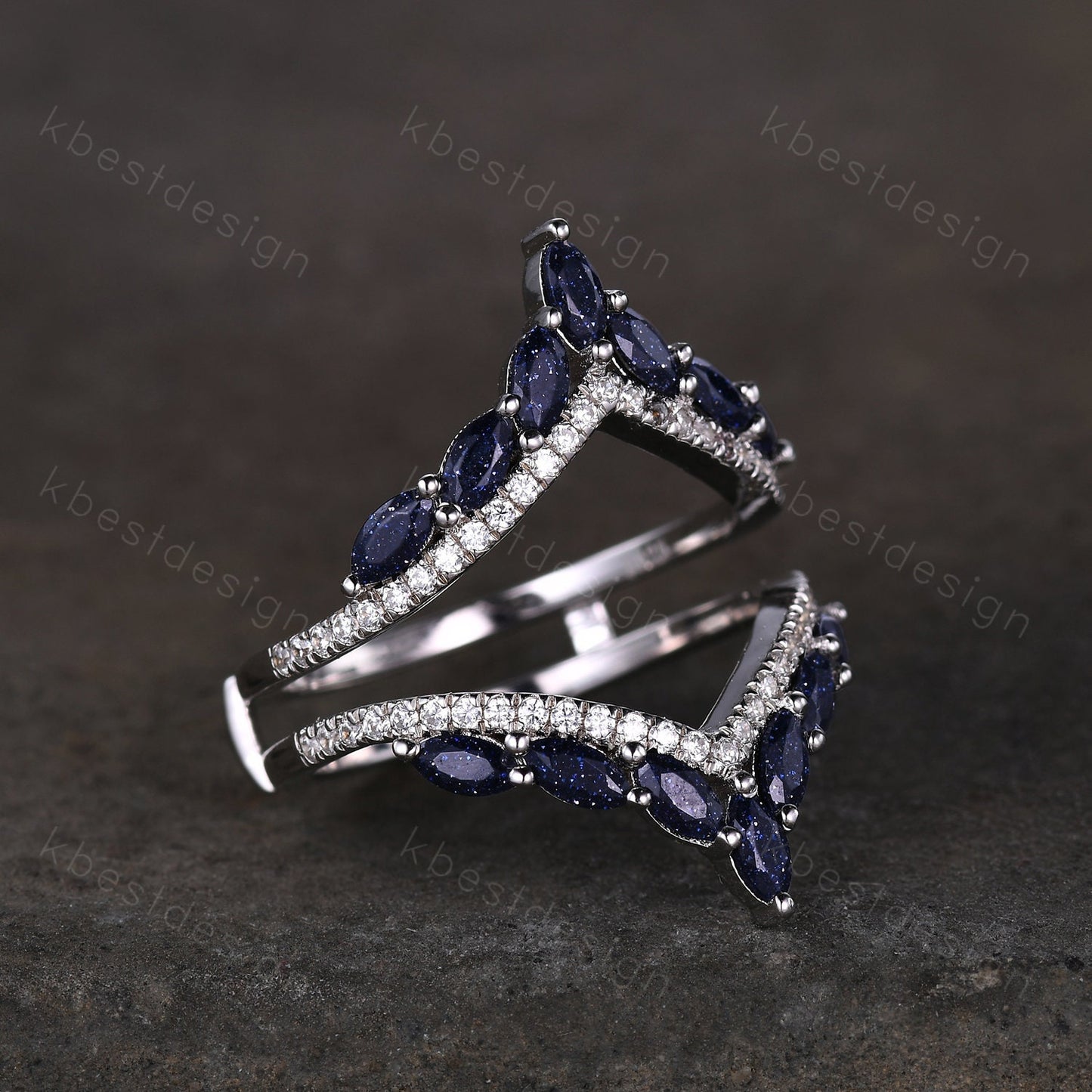 Vintage curved Blue Sandstone wedding band unique double curve stacking band marquise cut enhancer matching band Unique bridal promise gift