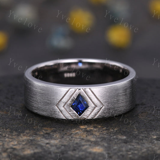 7mm Mens Kite Cut Blue Sapphire Wedding Band Sapphire Engagement Ring Brushed Finished Band Mens Stacking Band His Wedding band Platinum