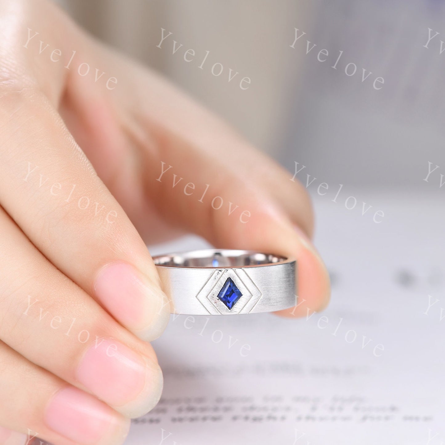 7mm Solid Gold Mens Kite Cut Blue Sapphire Wedding Band Sapphire Engagement Ring Brushed Finished Band Mens Stacking Band His Wedding band