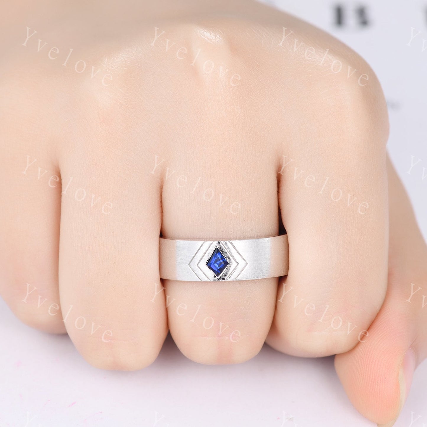 7mm Solid Gold Mens Kite Cut Blue Sapphire Wedding Band Sapphire Engagement Ring Brushed Finished Band Mens Stacking Band His Wedding band
