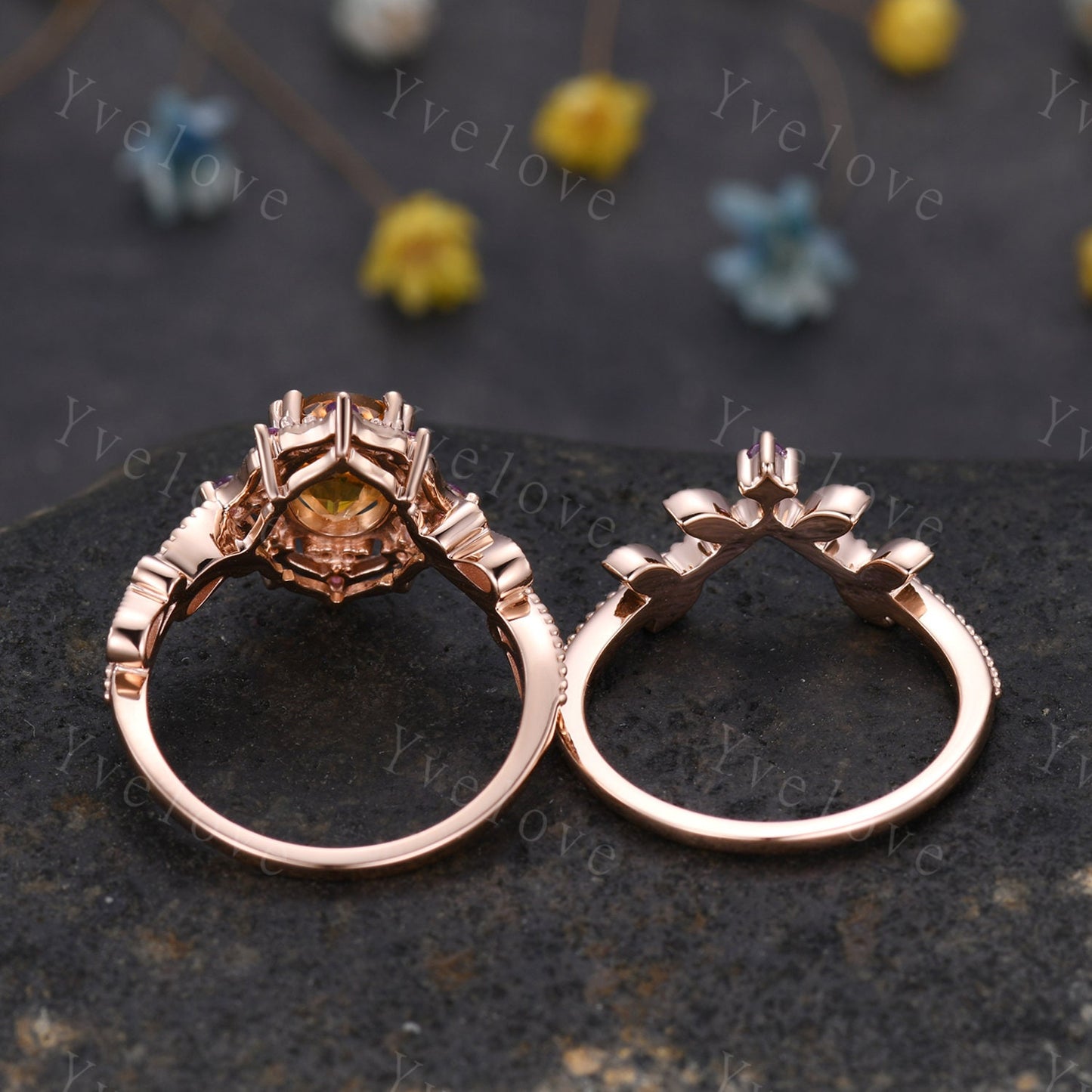 Citrine ring set art deco rose gold engagement ring amethyst sapphire emerald wedding band vintage cluster ring women anniversary ring gift