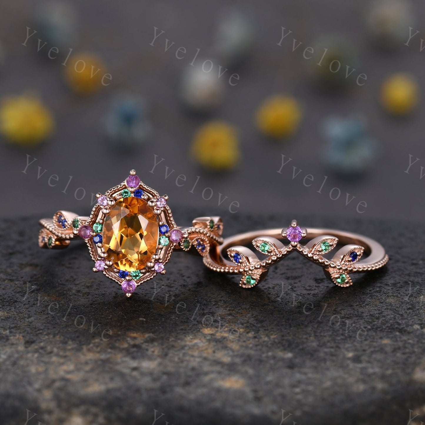 Citrine ring set art deco rose gold engagement ring amethyst sapphire emerald wedding band vintage cluster ring women anniversary ring gift