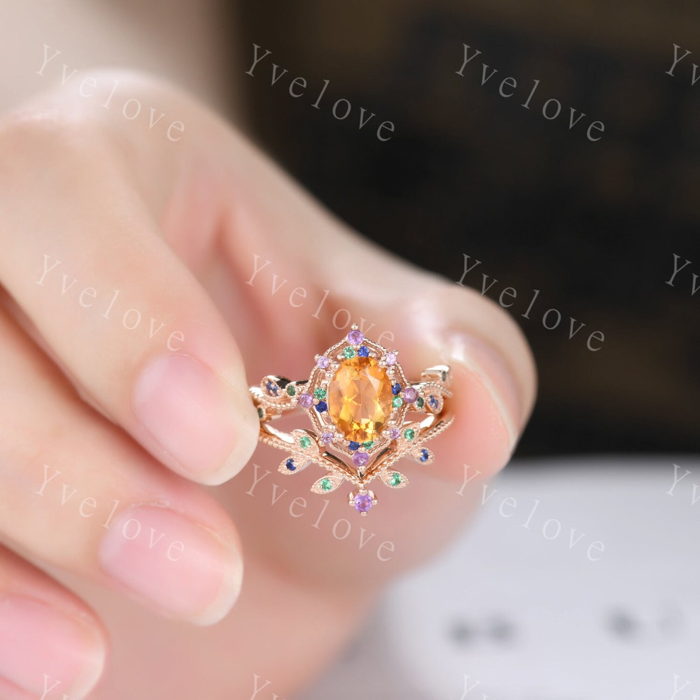 Citrine ring set art deco rose gold engagement ring amethyst sapphire emerald wedding band vintage cluster ring women anniversary ring gift