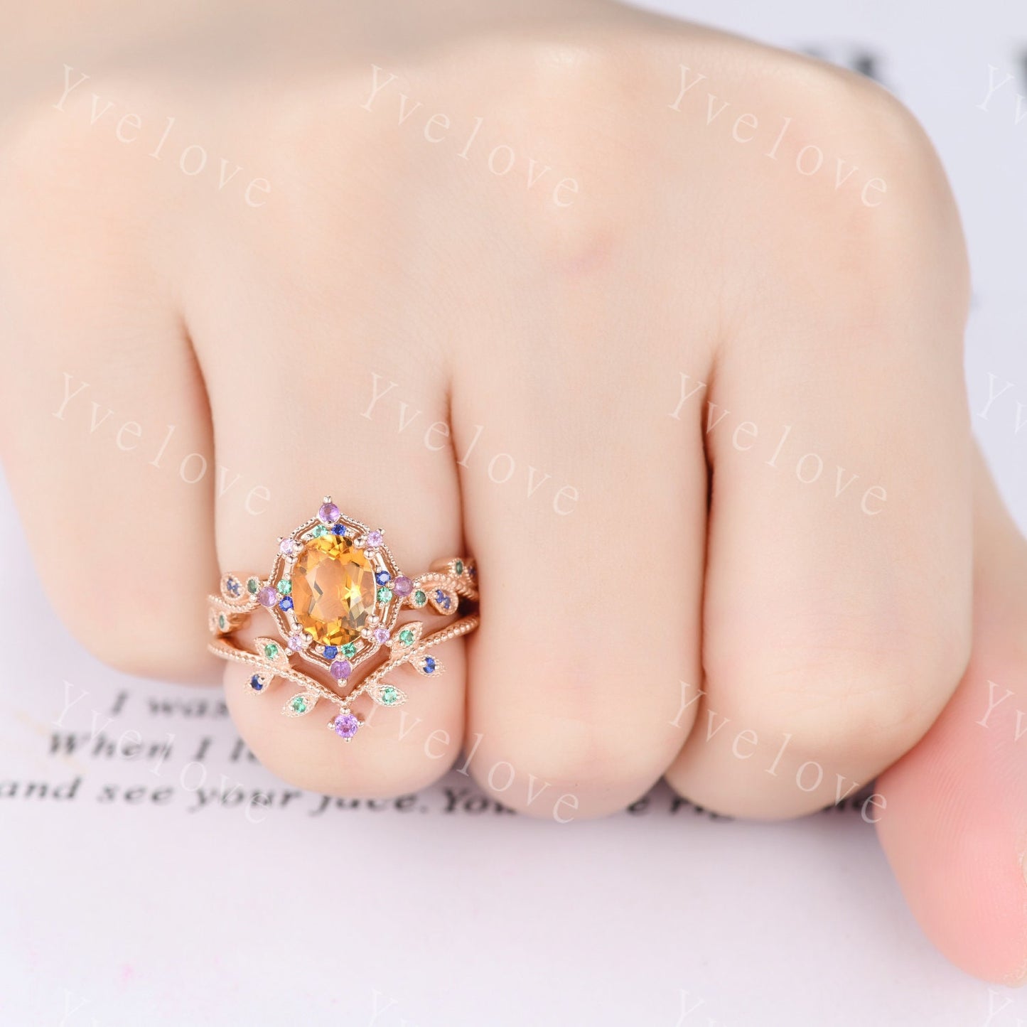 Citrine ring set art deco rose gold engagement ring amethyst sapphire emerald wedding band vintage cluster ring women anniversary ring gift