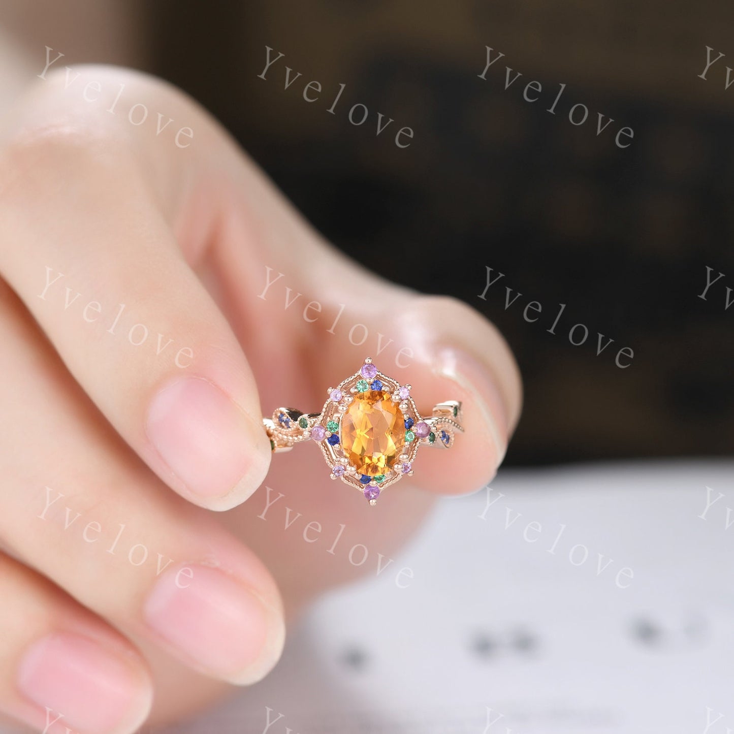 Citrine ring set art deco rose gold engagement ring amethyst sapphire emerald wedding band vintage cluster ring women anniversary ring gift