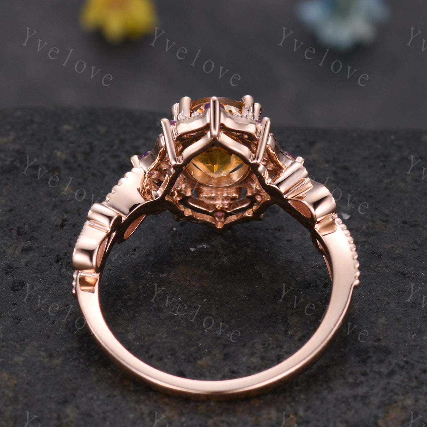 Oval citrine ring art deco engagement ring rose gold amethyst sapphire emerald wedding band vintage cluster ring women anniversary gift
