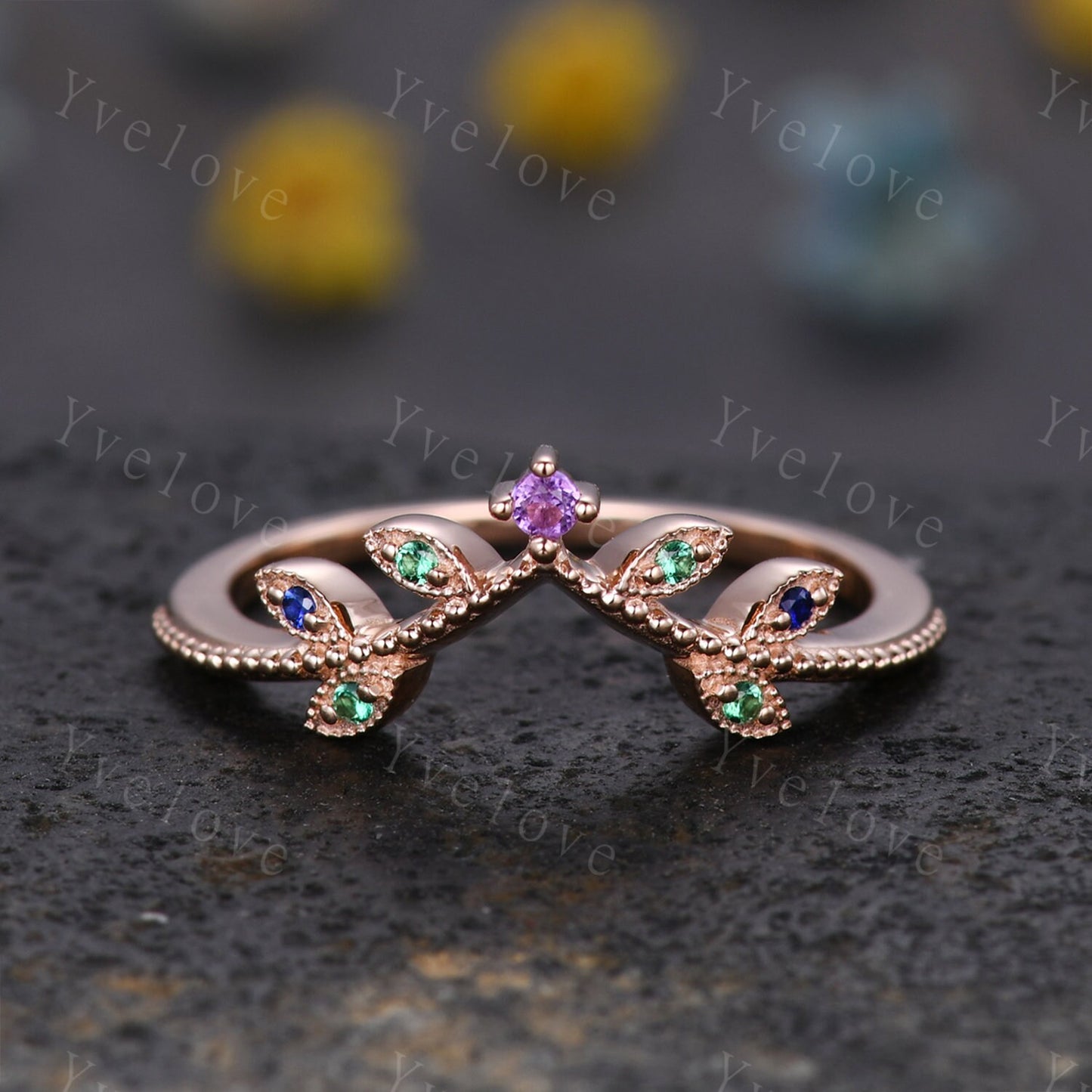 Amethyst Leaf Engagement Ring,Emerald Matching Band,Women Sapphire Band,Art Deco V Curved Milgrain Wedding Band,14K Rose Gold Gift For Her