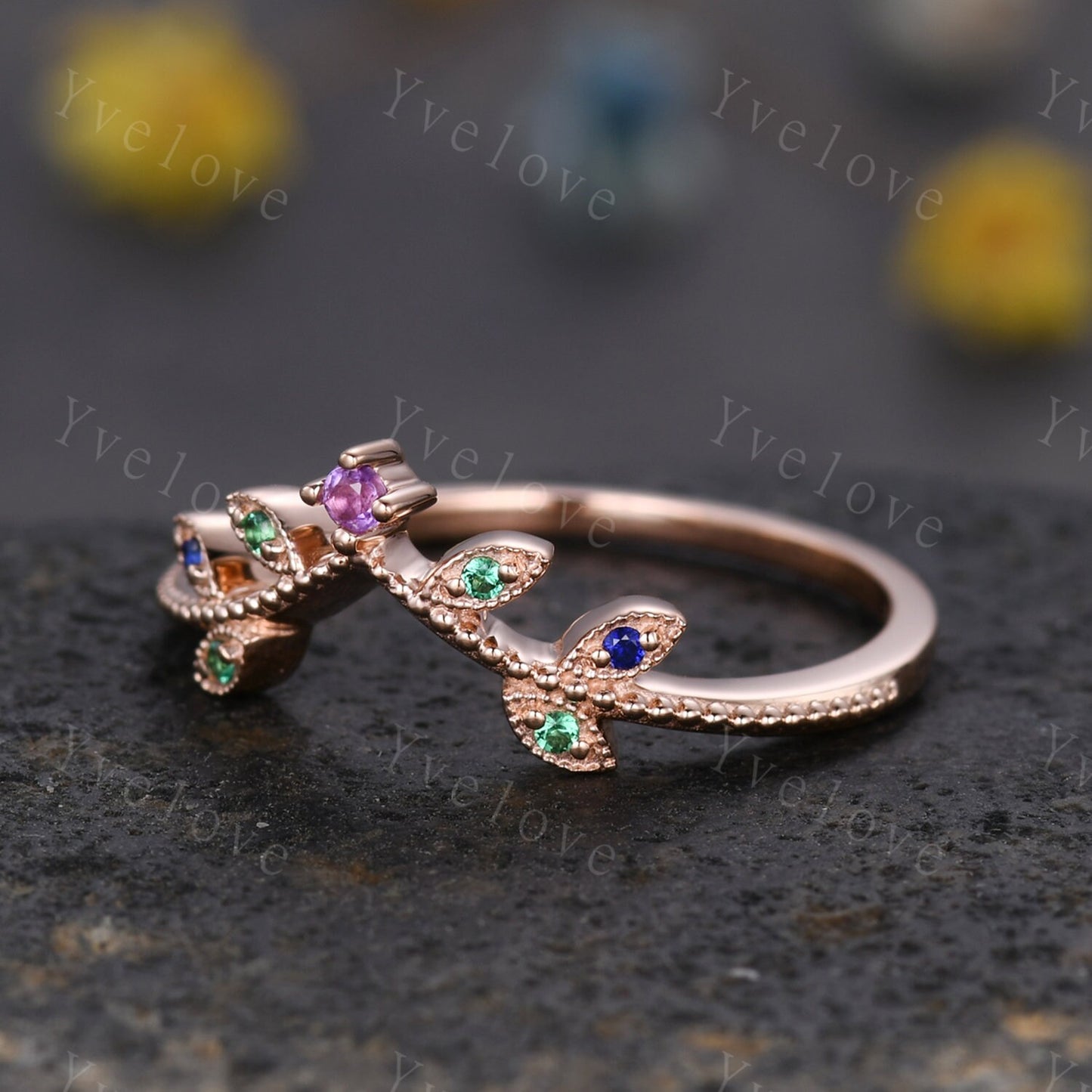 Amethyst Leaf Engagement Ring,Emerald Matching Band,Women Sapphire Band,Art Deco V Curved Milgrain Wedding Band,14K Rose Gold Gift For Her
